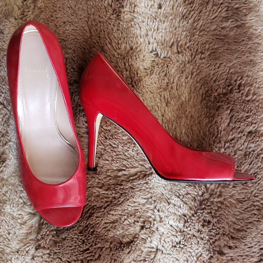 Stuart Weitzman Red Patent Peep-Toe Pumps